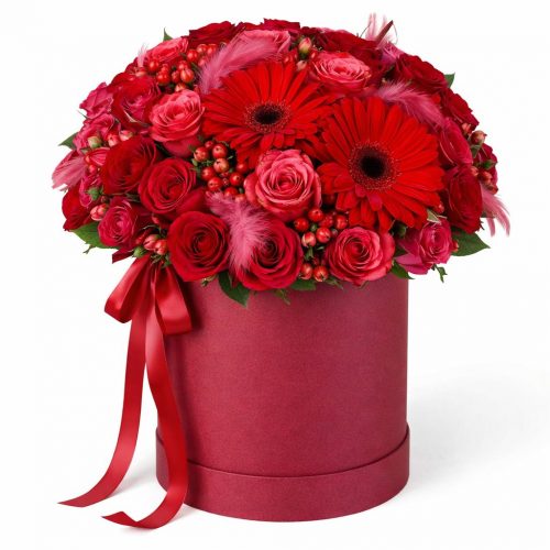 Цветы в шляпной коробке «Алый вихрь»