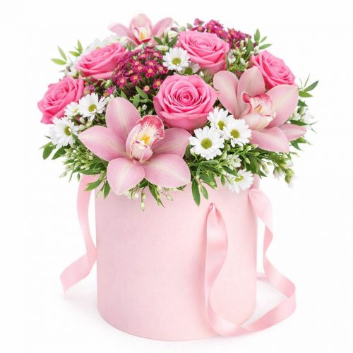 Цветы в шляпной коробке «Розовая мечта»