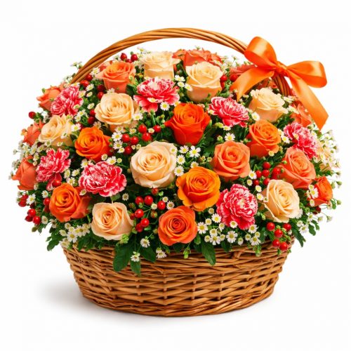 Подарочная корзина с цветами «Кремовый закат»